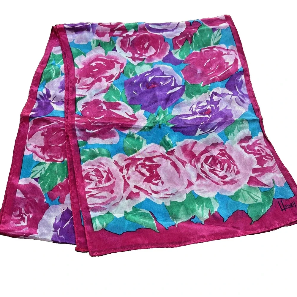 Vintage Honey Pure Silk Scarf Pink Purple Roses Flower Power Blue Green Floral